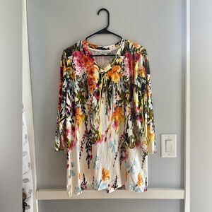 NorthStyle Cream Floral V-Neck Tunic with Pink Yellow Green & Blue Accents